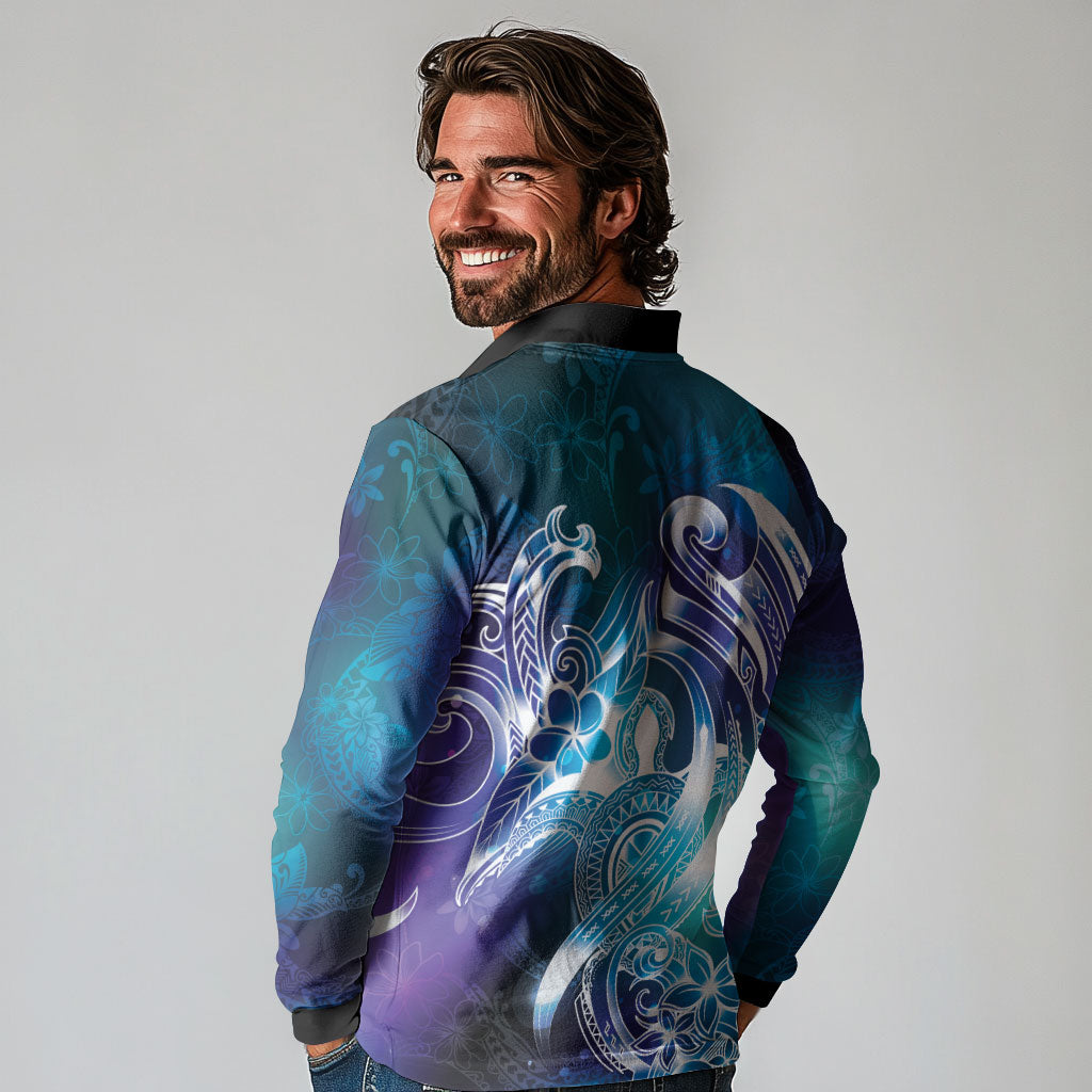Aloha Hawaii Turtle Long Sleeve Polo Shirt Teal Purple Ribbon