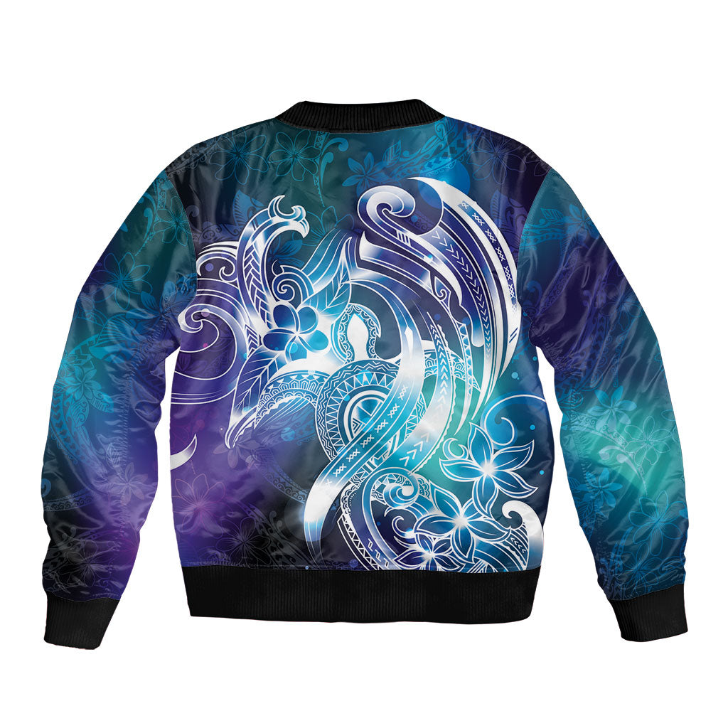 Aloha Hawaii Turtle Sleeve Zip Bomber Jacket Teal Purple Ribbon