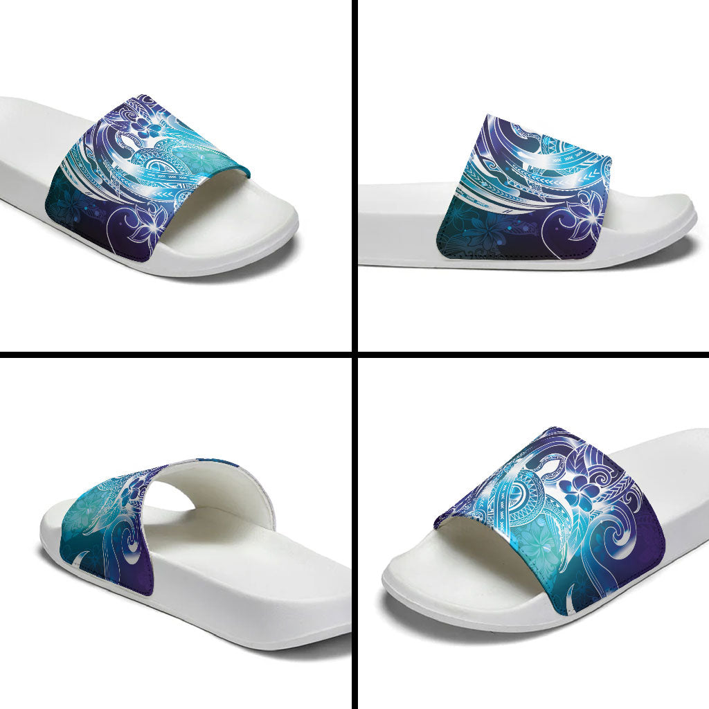 Aloha Hawaii Turtle Slide Sandals Teal Purple Ribbon