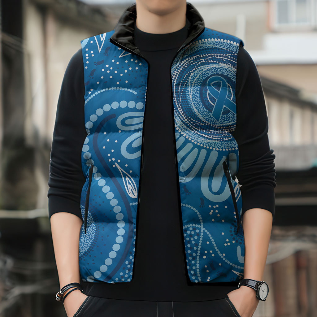 Australia Indigenous Sleeveless Puffer Jacket Blue Ribbon Prostate Cancer Month