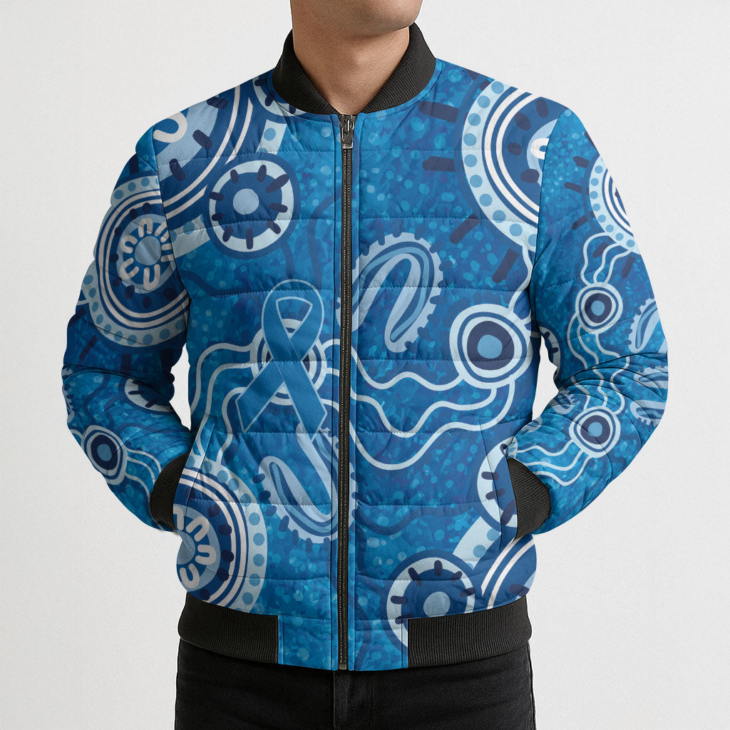 Australia Indigenous Prostate Cancer Prevention Bomber Puffer Jacket Blue Ribbon Aboriginal Art