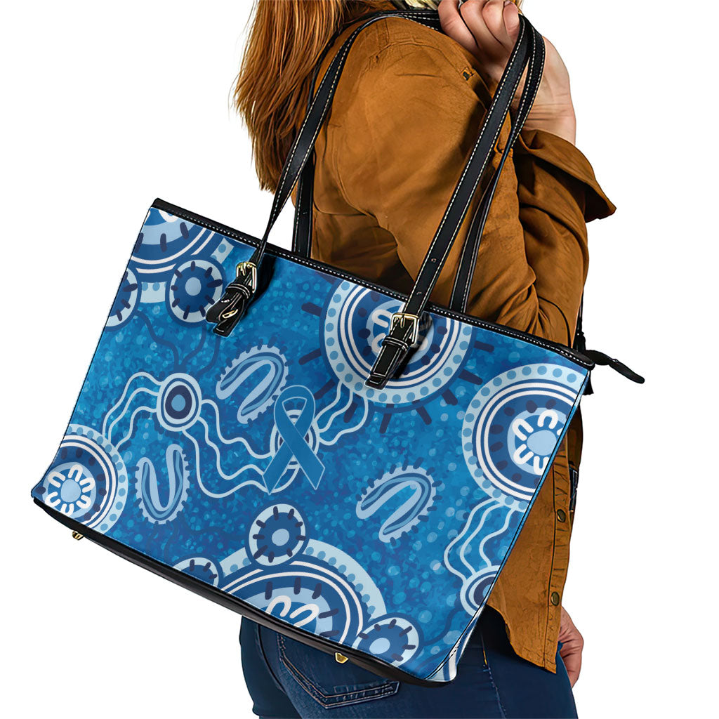 Australia Indigenous Prostate Cancer Prevention Leather Tote Bag Blue Ribbon Aboriginal Art