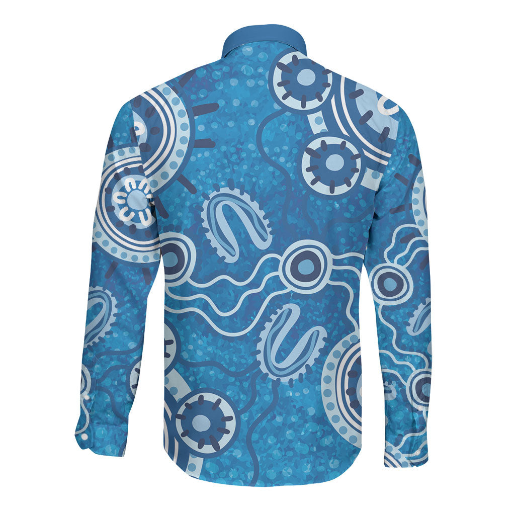 Australia Indigenous Prostate Cancer Prevention Long Sleeve Button Shirt Blue Ribbon Aboriginal Art