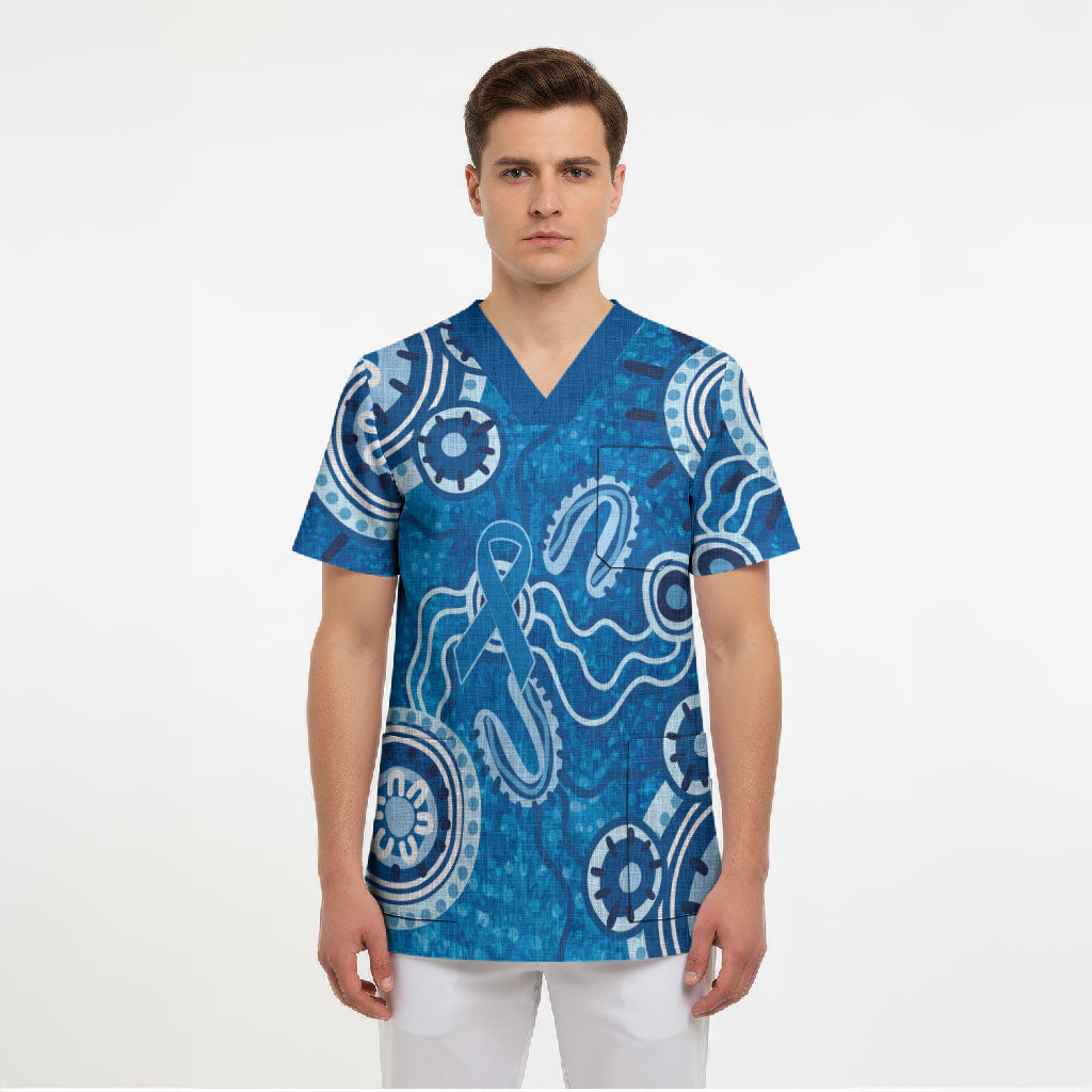 Australia Indigenous Prostate Cancer Prevention Scrub Top Blue Ribbon Aboriginal Art