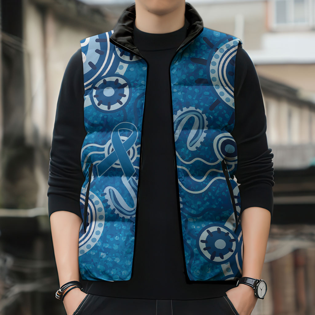 Australia Indigenous Prostate Cancer Prevention Sleeveless Puffer Jacket Blue Ribbon Aboriginal Art