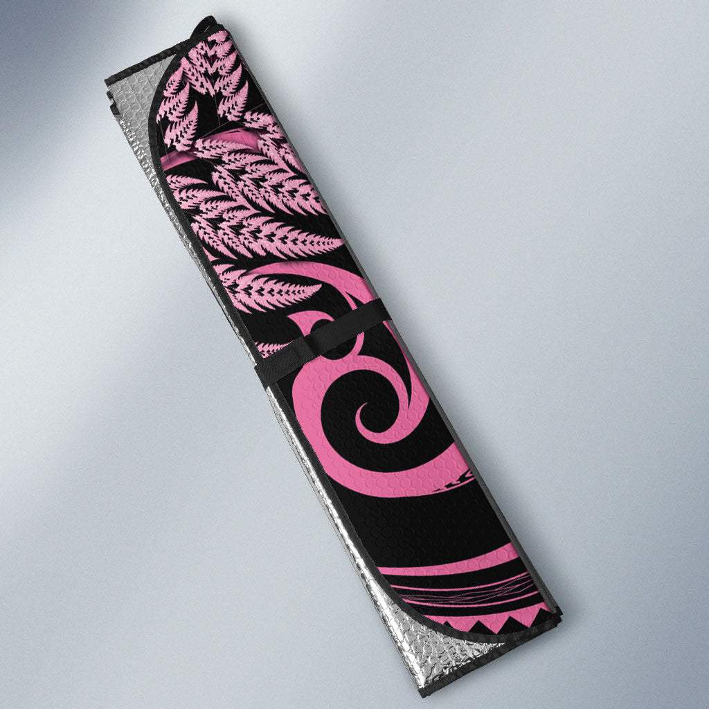 Aotearoa Maori Auto Sun Shade Pink Fern Ribbons on Black
