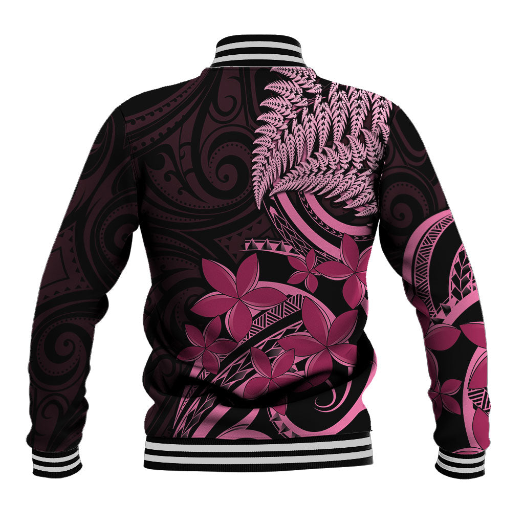 Aotearoa Maori Baseball Jacket Pink Fern Ribbons on Black