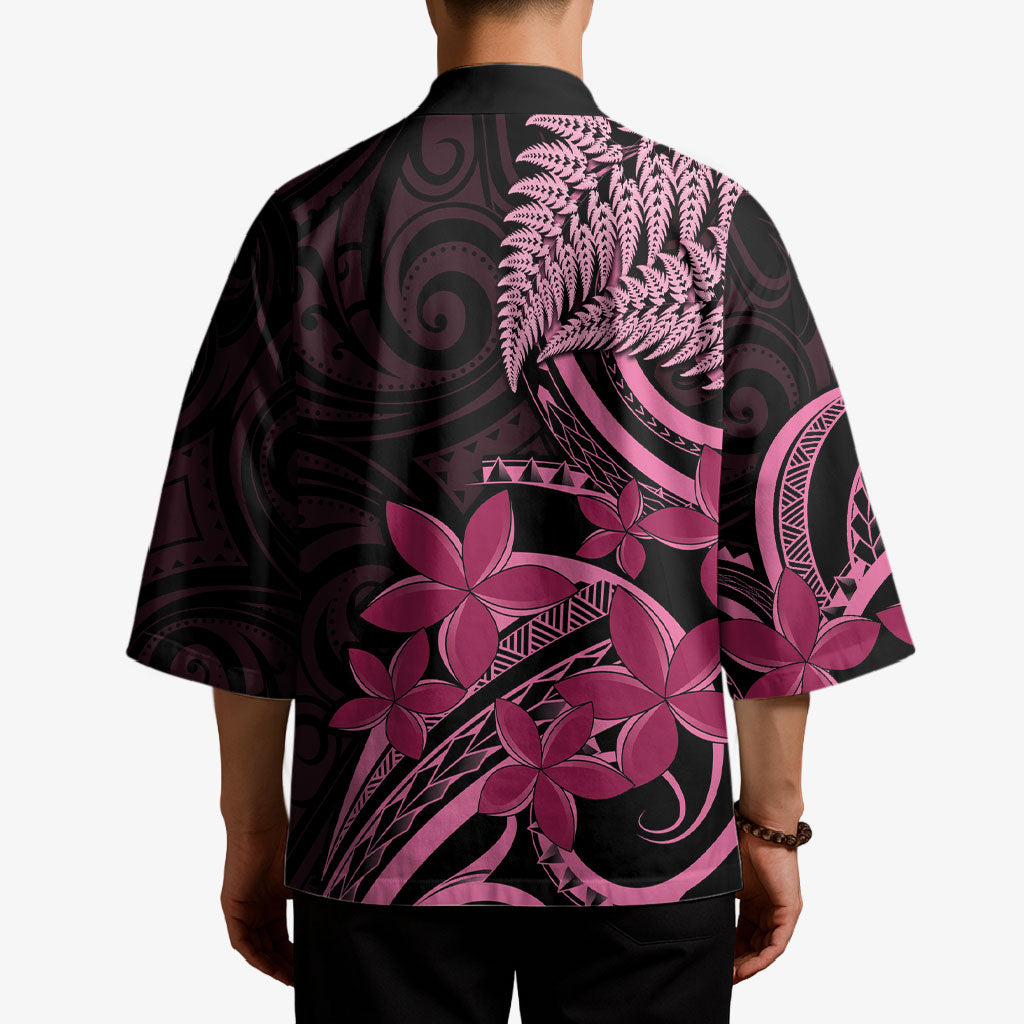 Aotearoa Maori Kimono Pink Fern Ribbons on Black