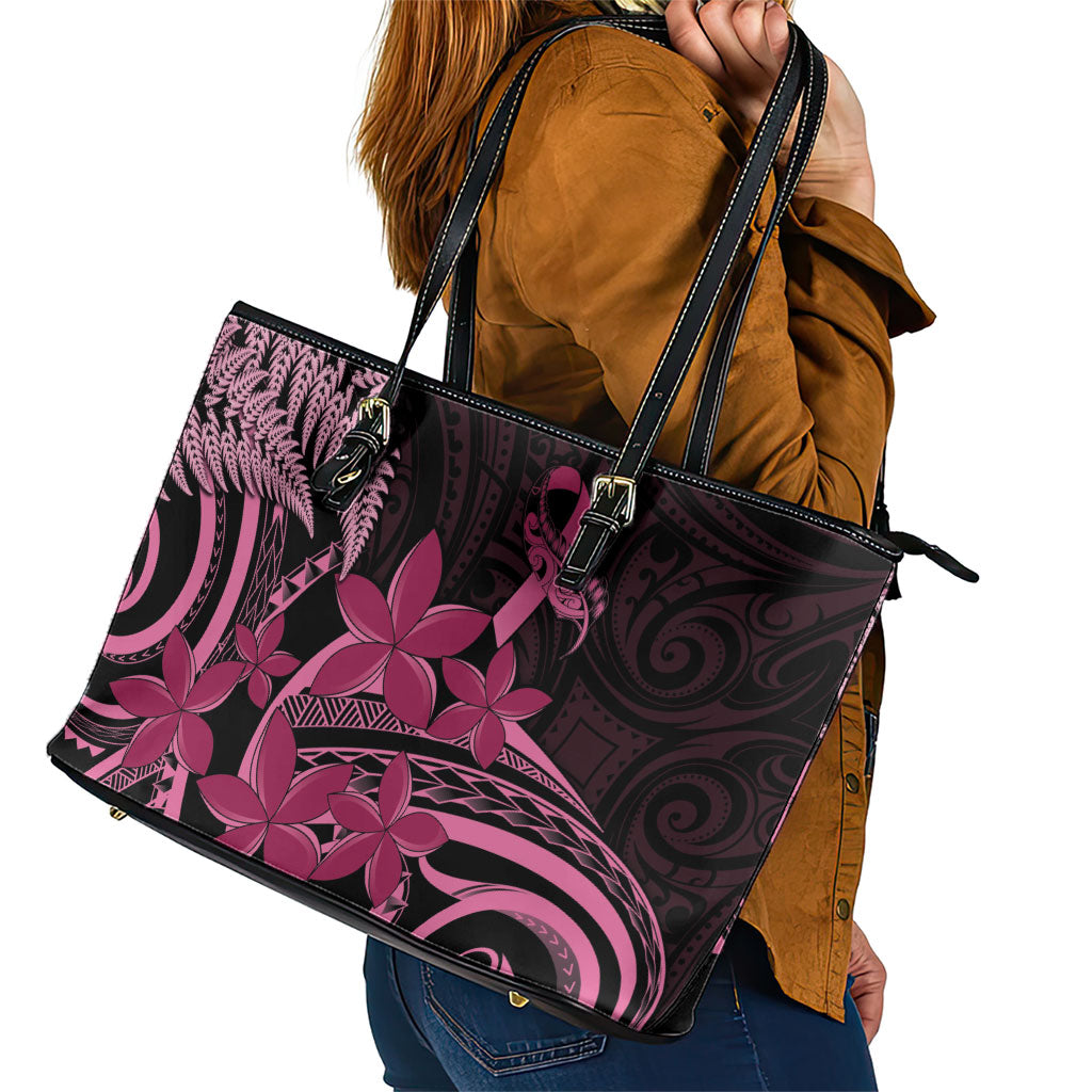 Aotearoa Maori Leather Tote Bag Pink Fern Ribbons on Black