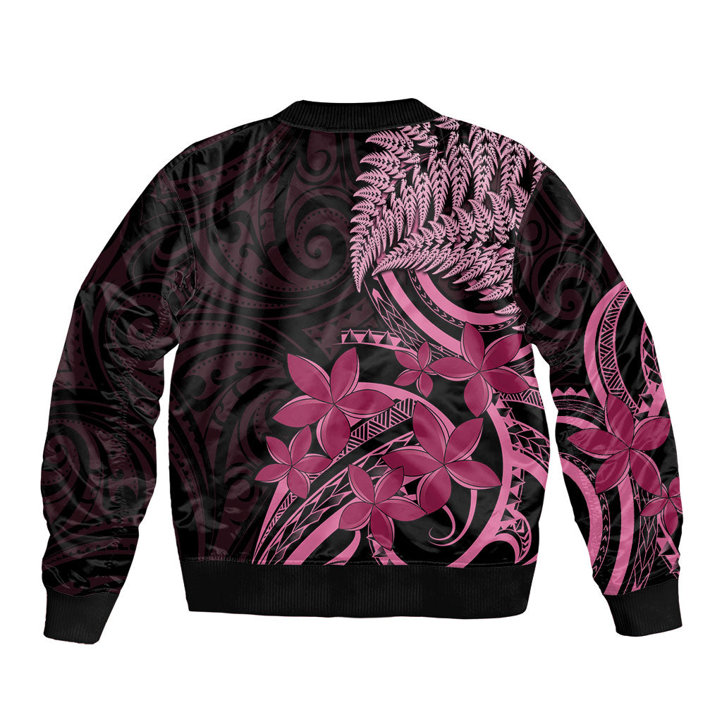 Aotearoa Maori Sleeve Zip Bomber Jacket Pink Fern Ribbons on Black