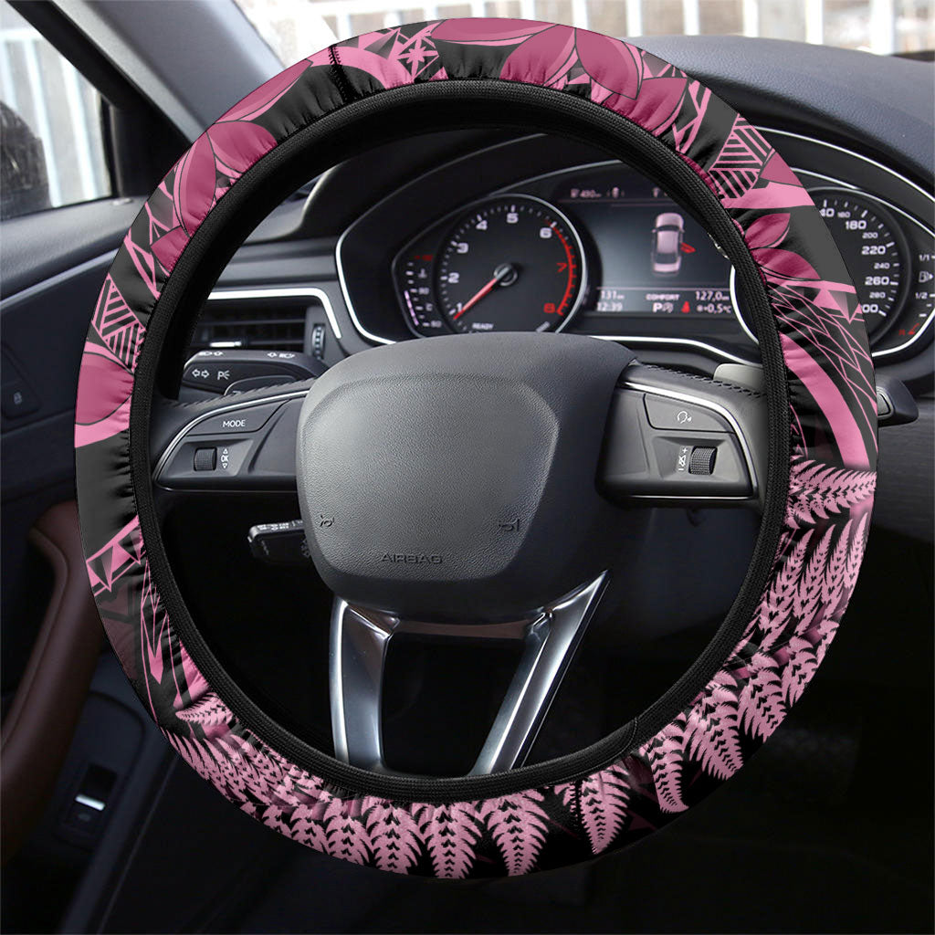 Aotearoa Maori Steering Wheel Cover Pink Fern Ribbons on Black
