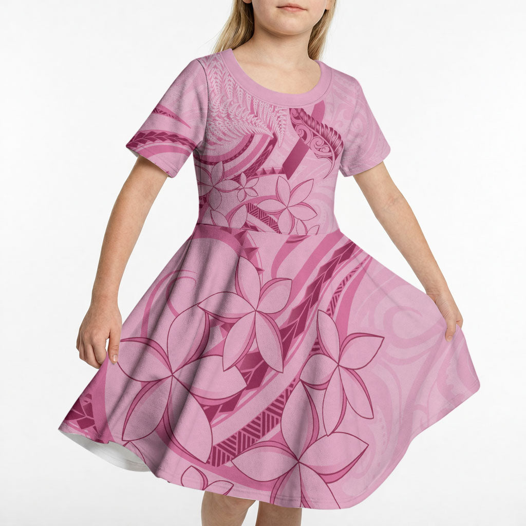 Aotearoa Maori Kid Short Sleeve Dress Pink Fern Ribbons