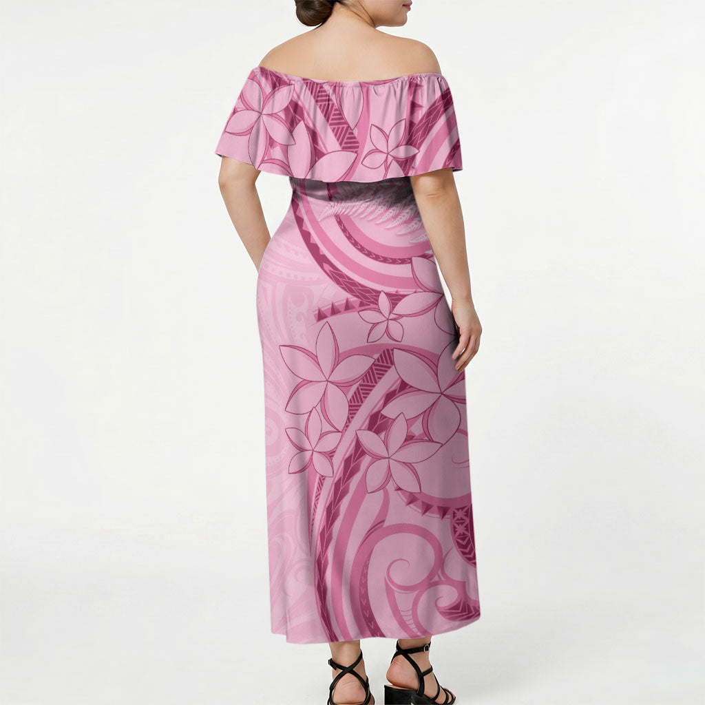 Aotearoa Maori Off Shoulder Maxi Dress Pink Fern Ribbons