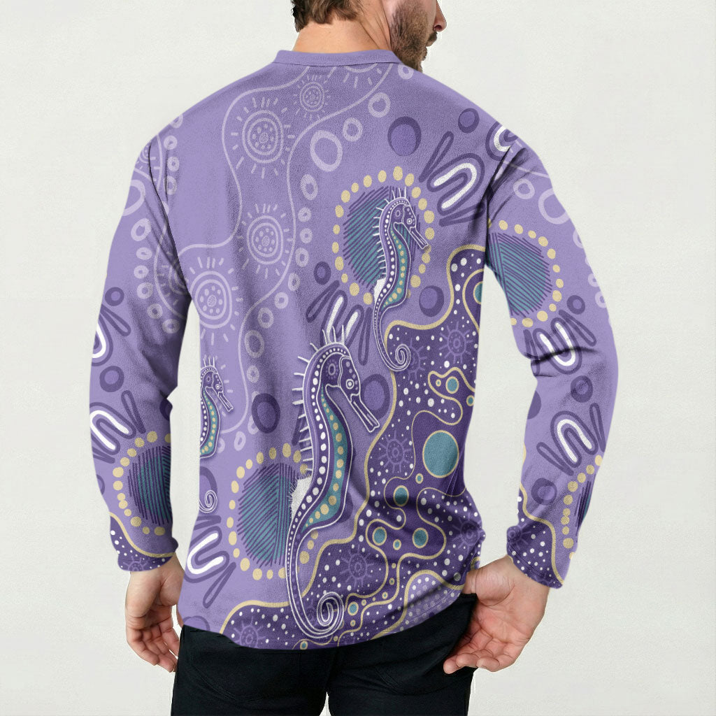 Australia Epilepsy Month Button Sweatshirt Aboriginal Purple Ribbon with Seahorse