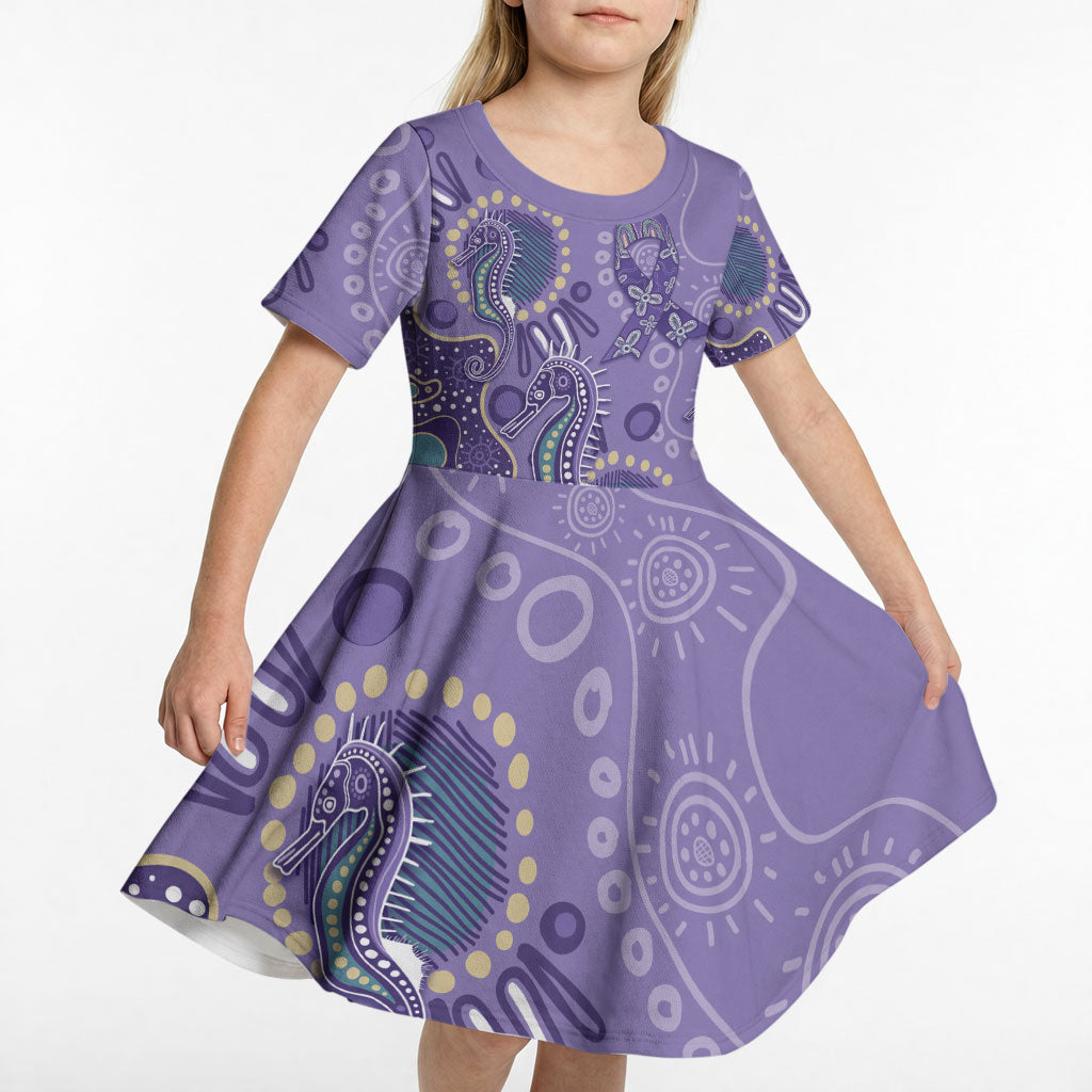 Australia Epilepsy Month Kid Short Sleeve Dress Aboriginal Purple Ribbon with Seahorse