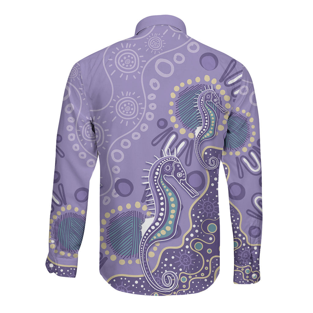 Australia Epilepsy Month Long Sleeve Button Shirt Aboriginal Purple Ribbon with Seahorse