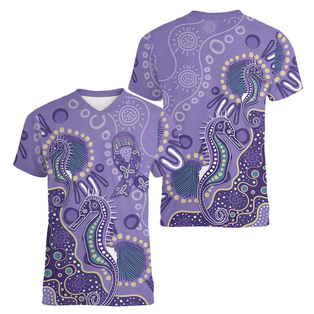 Australia Epilepsy Month Women V-Neck T-Shirt Aboriginal Purple Ribbon with Seahorse