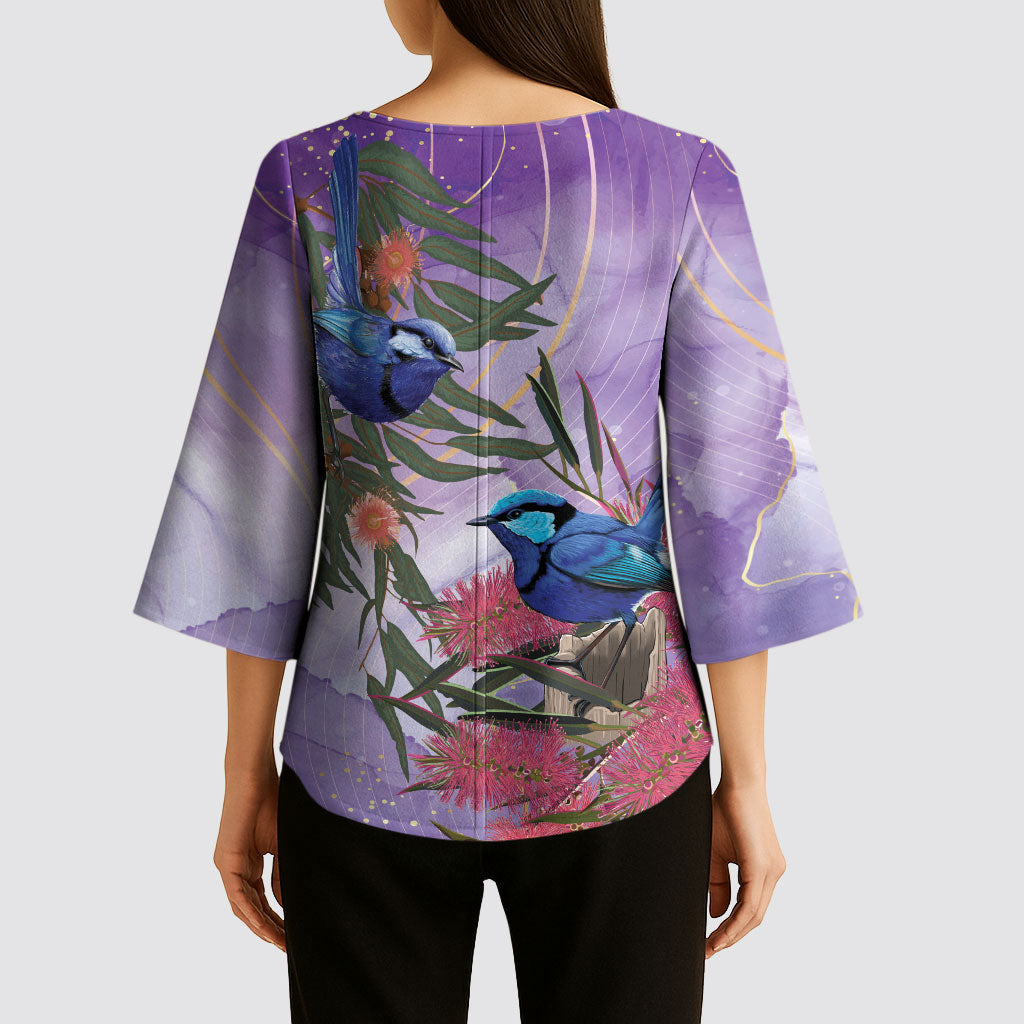 Australia Splendid Fairy Wren on Eucalyptus Kimono Sleeve Blouse Epilepsy Prevention
