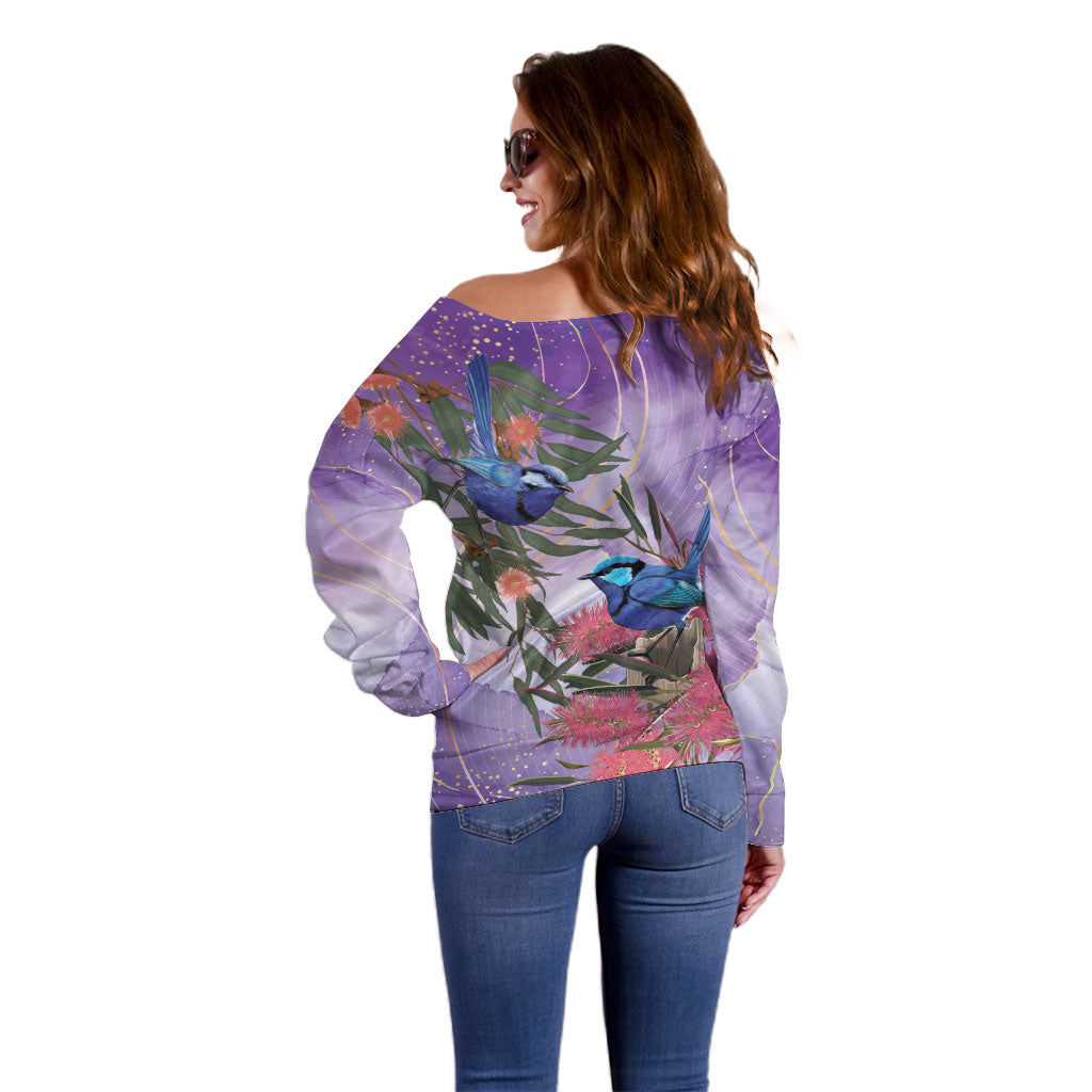 Australia Splendid Fairy Wren on Eucalyptus Off Shoulder Sweater Epilepsy Prevention