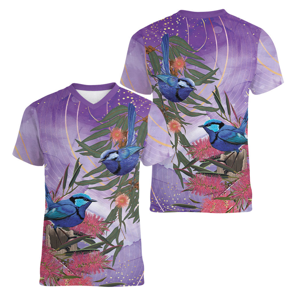Australia Splendid Fairy Wren on Eucalyptus Women V-Neck T-Shirt Epilepsy Prevention