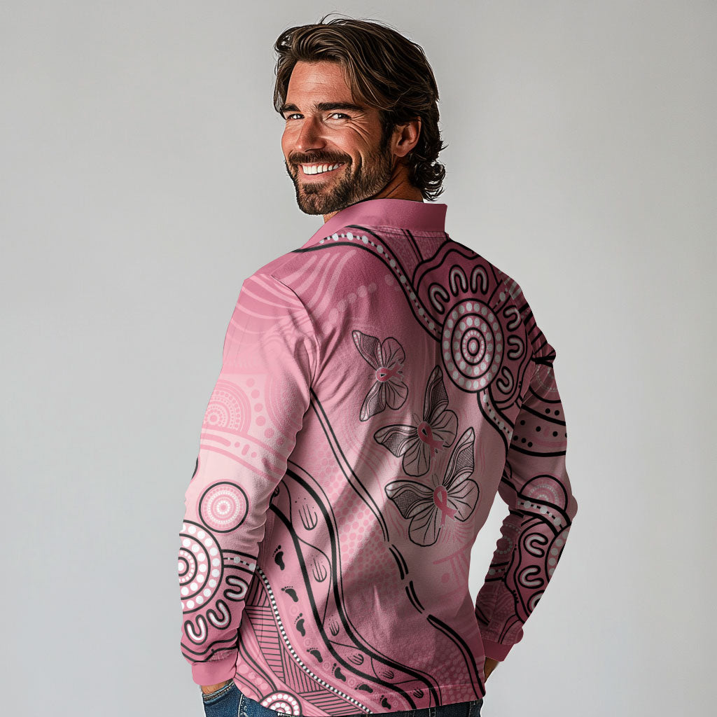 Pink Aboriginal Butterfly Ribbon Cancer Long Sleeve Polo Shirt