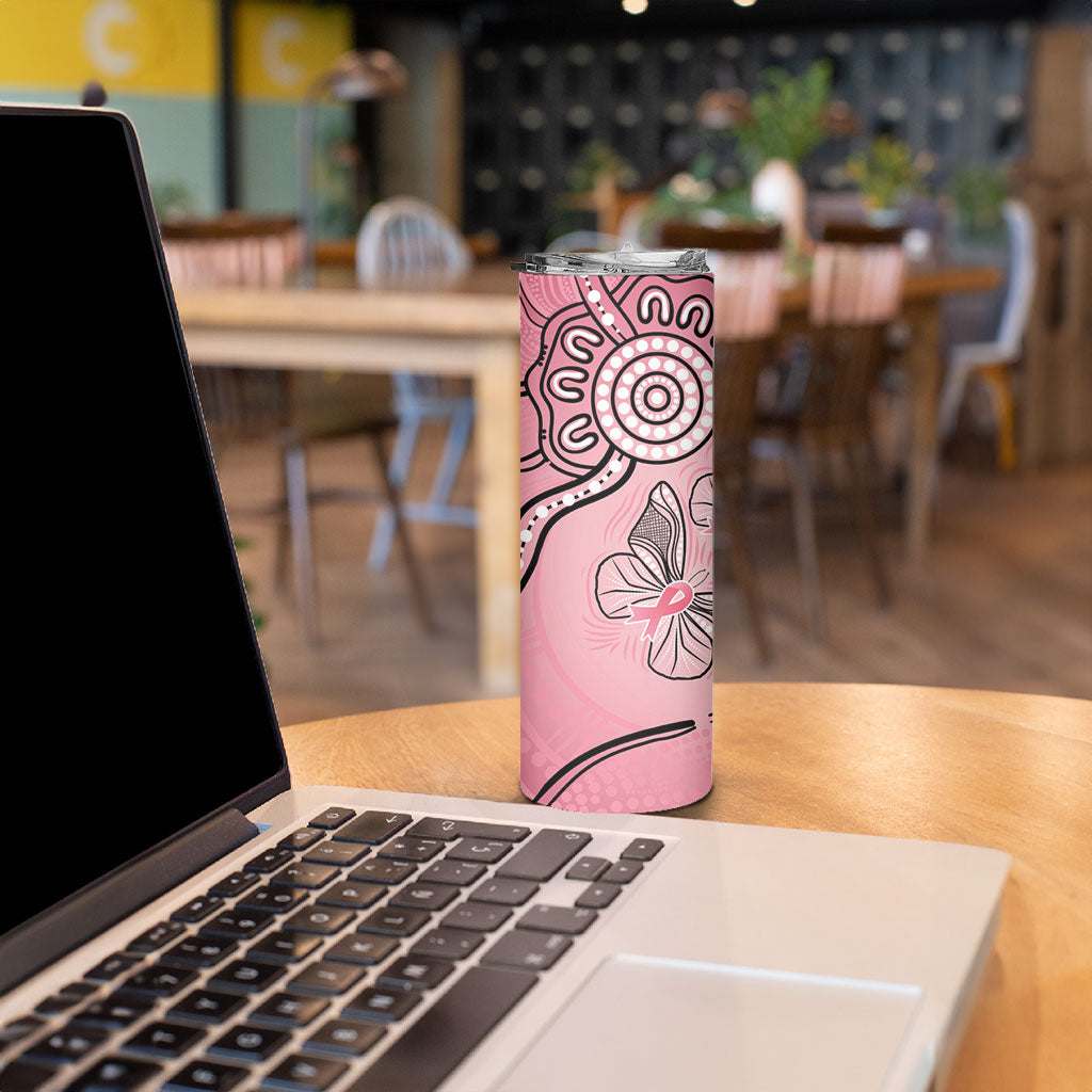 Pink Aboriginal Butterfly Ribbon Cancer Skinny Tumbler