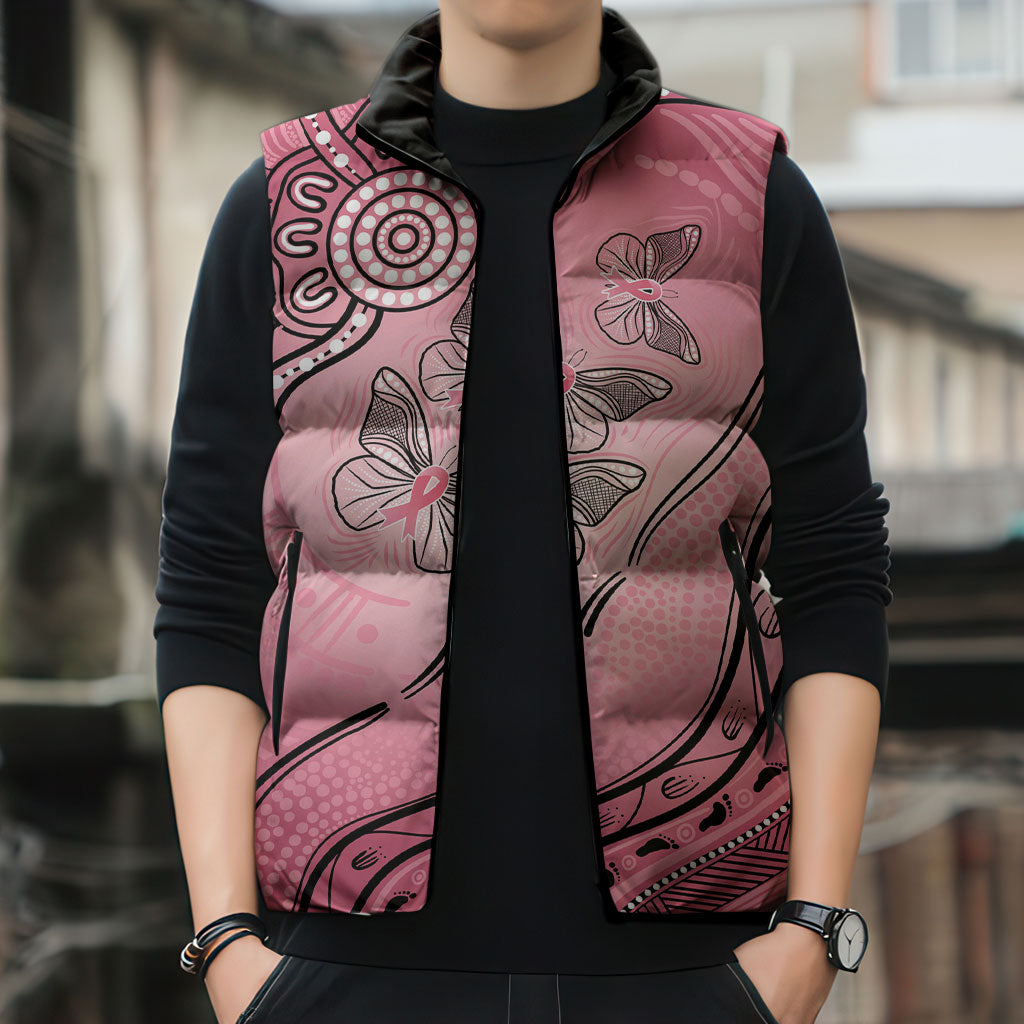 Pink Aboriginal Butterfly Ribbon Cancer Sleeveless Puffer Jacket