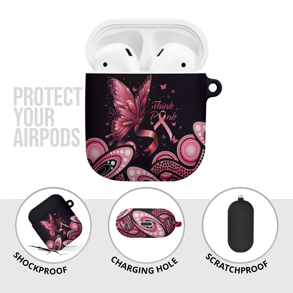 Think Pink Butterfly Ribbon Aboriginal Art AirPods Case