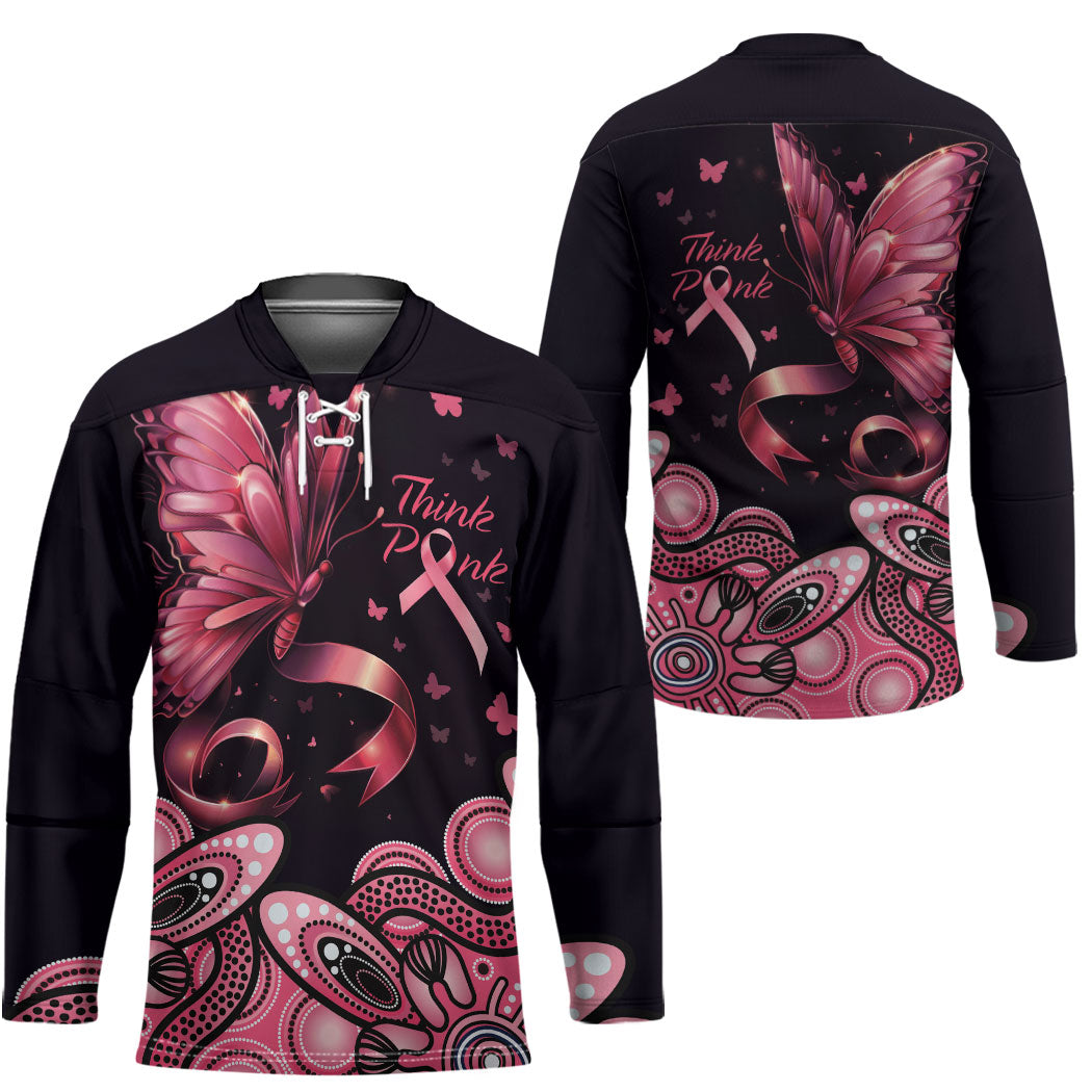 Think Pink Butterfly Ribbon Aboriginal Art Hockey Jersey
