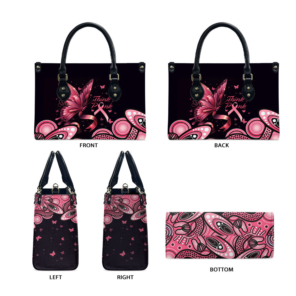 Think Pink Butterfly Ribbon Aboriginal Art Leather Bag
