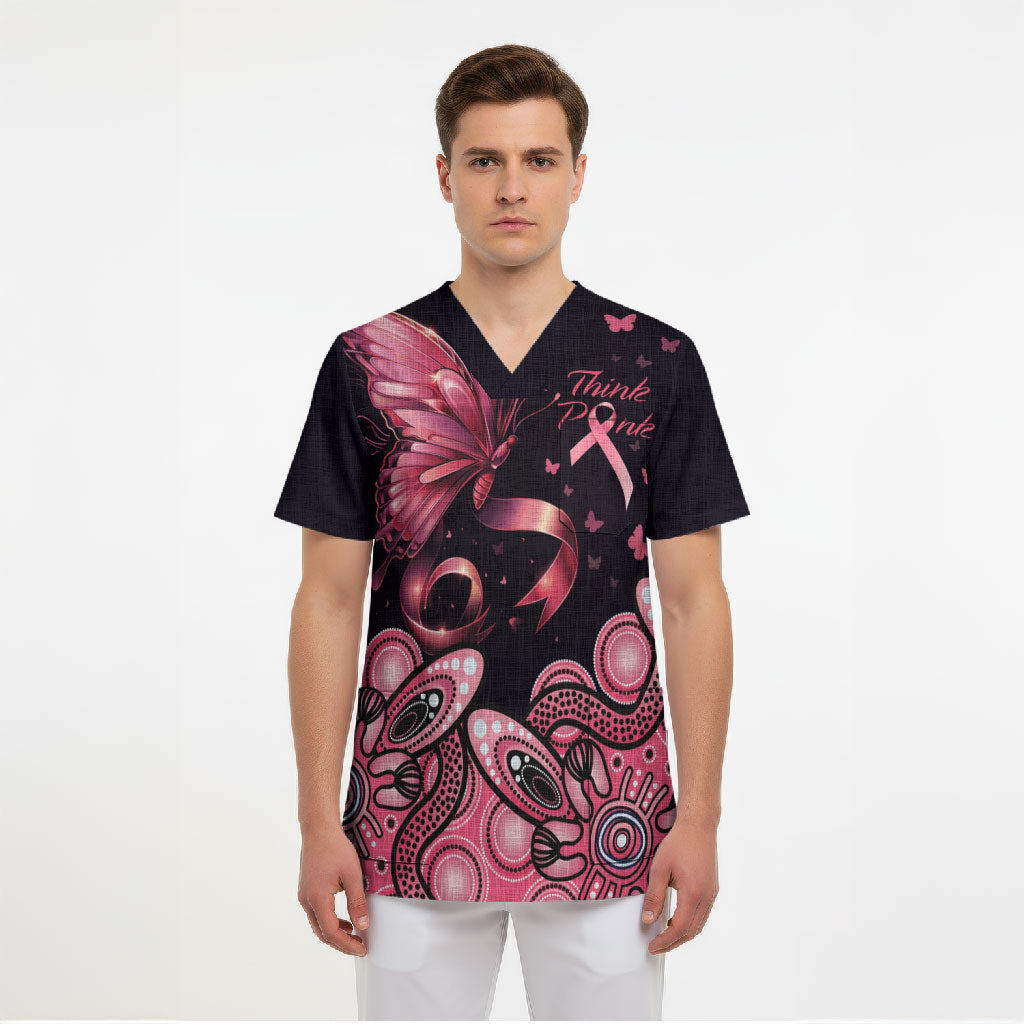 Think Pink Butterfly Ribbon Aboriginal Art Scrub Top