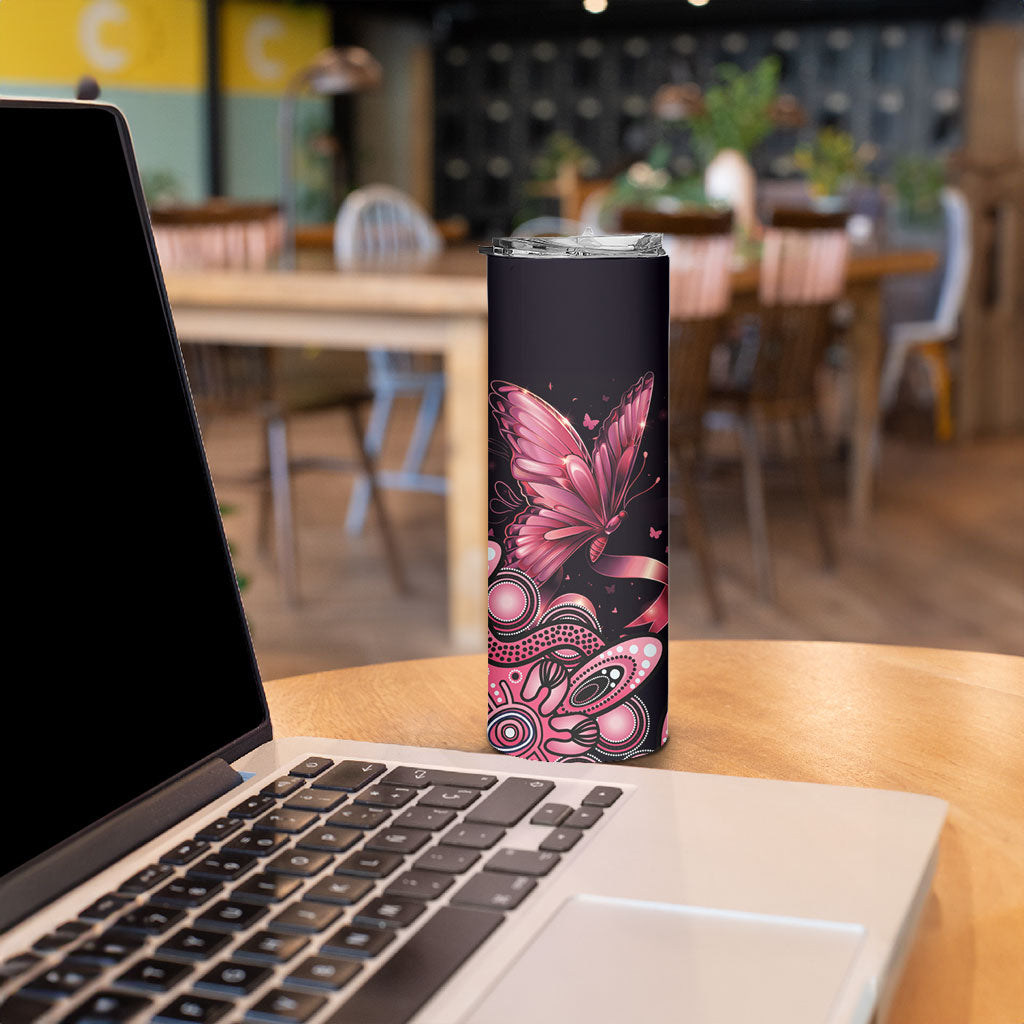 Think Pink Butterfly Ribbon Aboriginal Art Skinny Tumbler