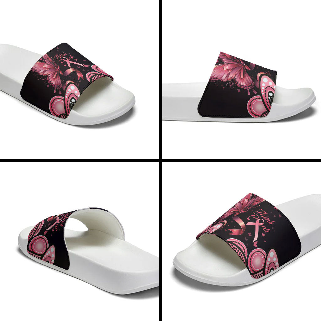 Think Pink Butterfly Ribbon Aboriginal Art Slide Sandals