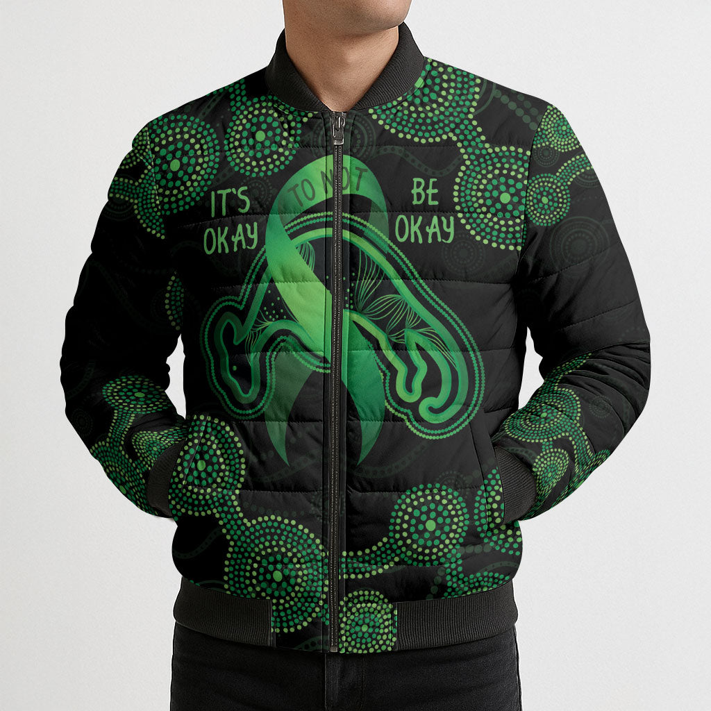 Green Kangaroo Ribbon Aboriginal Personalised Bomber Puffer Jacket Depression Support Hope And Healing