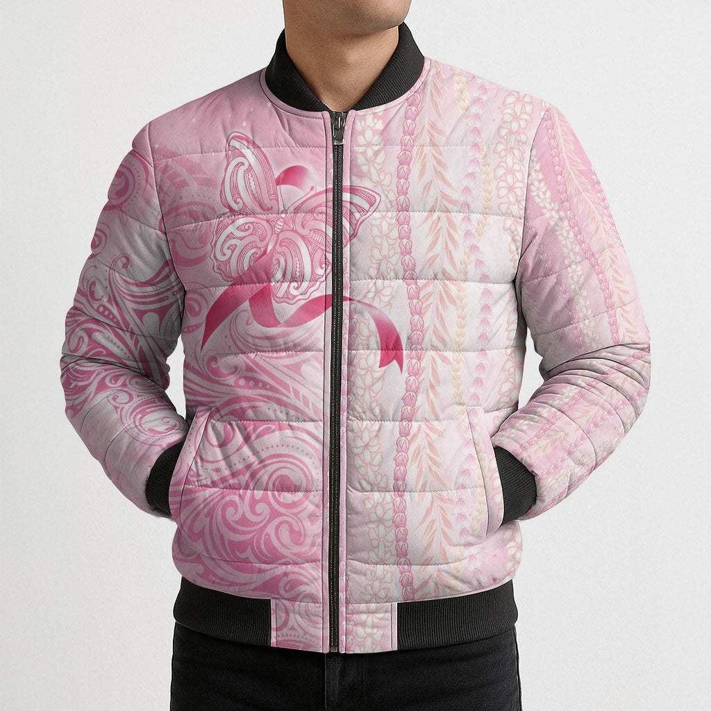 Hawaii Breast Cancer Support Bomber Puffer Jacket Maile Pikake Lokelani Crown Flower Lei Inspired