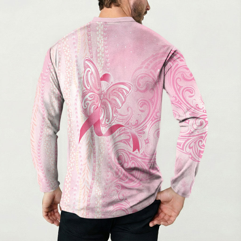 Hawaii Breast Cancer Support Button Sweatshirt Maile Pikake Lokelani Crown Flower Lei Inspired