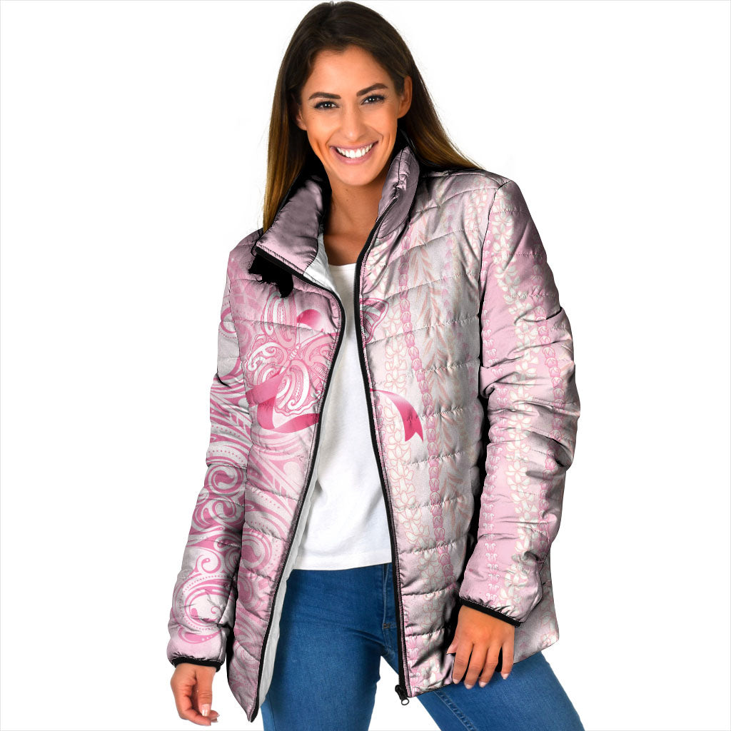 Hawaii Breast Cancer Support Padded Jacket Maile Pikake Lokelani Crown Flower Lei Inspired