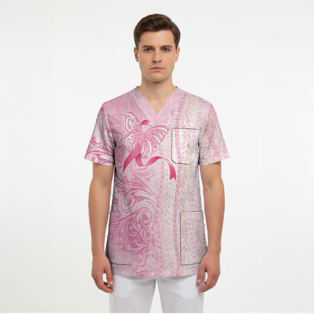 Hawaii Breast Cancer Support Scrub Top Maile Pikake Lokelani Crown Flower Lei Inspired