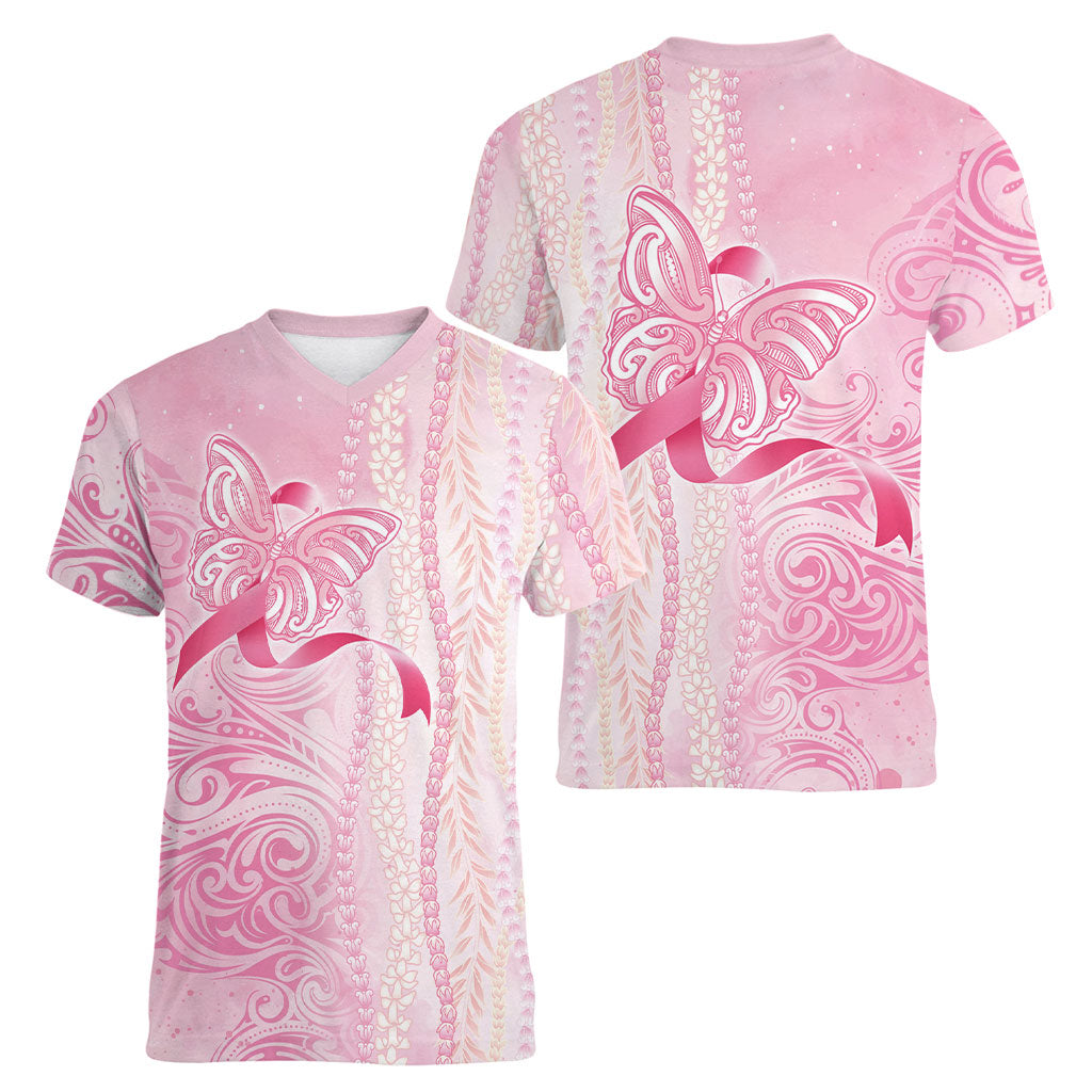 Hawaii Breast Cancer Support Women V-Neck T-Shirt Maile Pikake Lokelani Crown Flower Lei Inspired