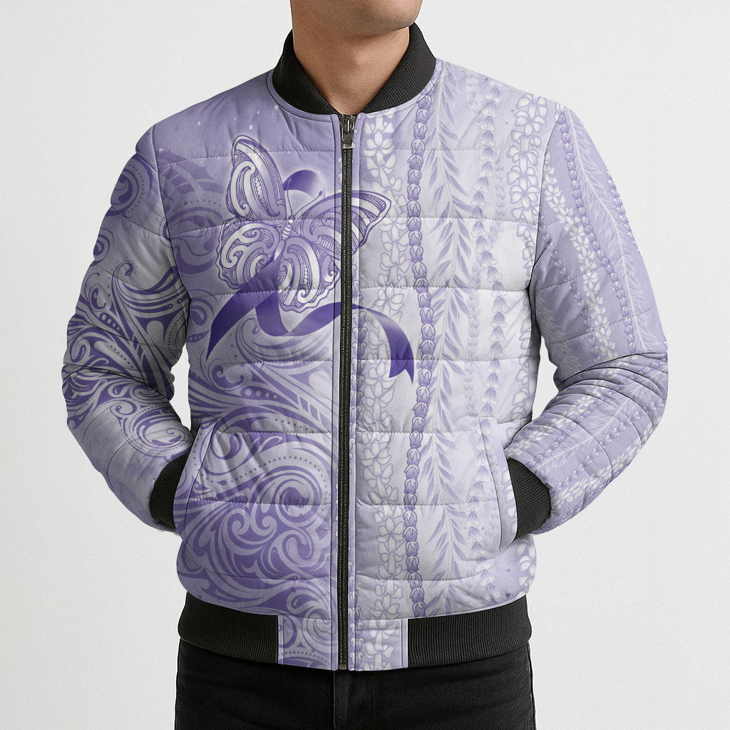 Hawaii Epilepsy Support Purple Ribbon Strength Bomber Puffer Jacket Maile Pikake Lokelani Crown Flower Lei Inspired