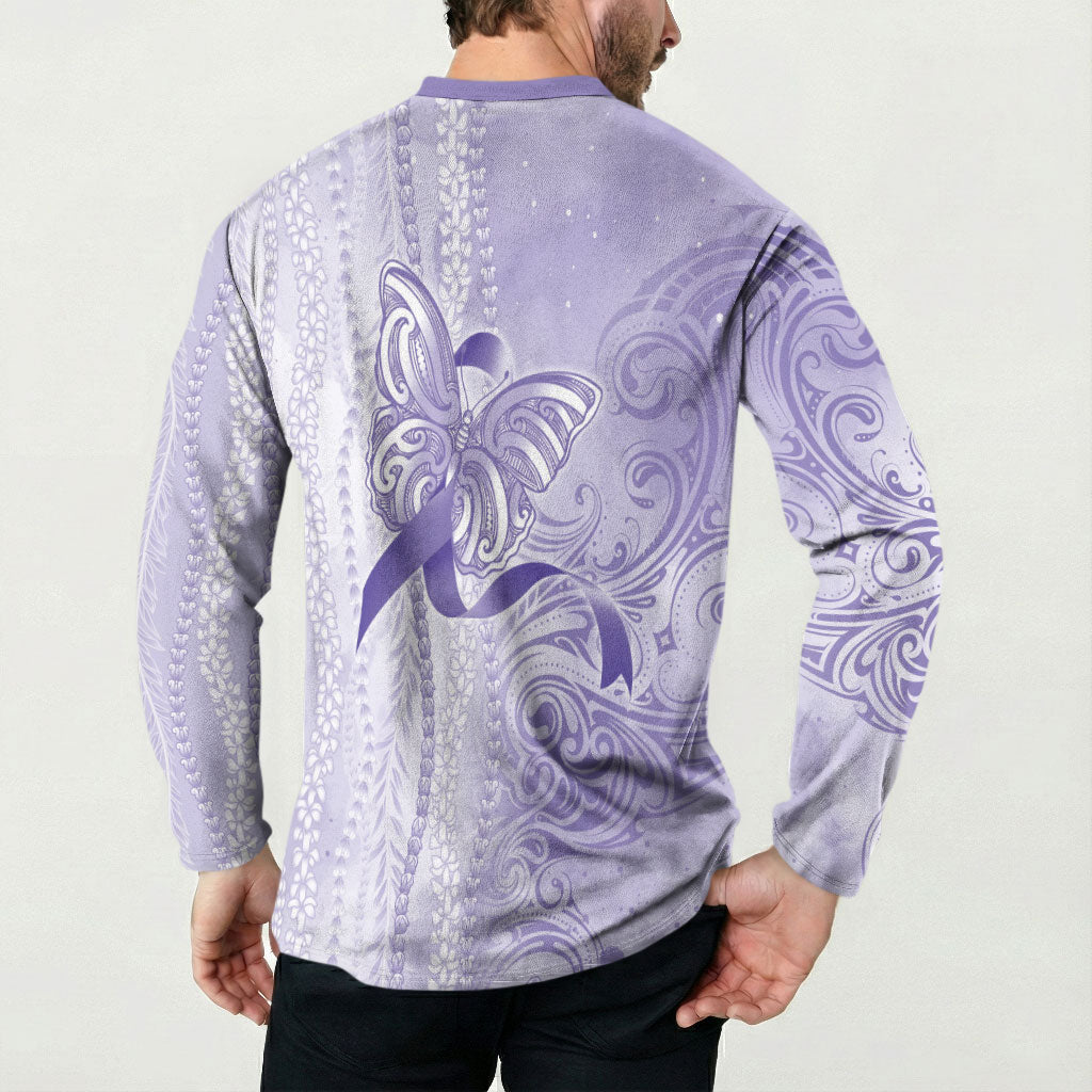 Hawaii Epilepsy Support Purple Ribbon Strength Button Sweatshirt Maile Pikake Lokelani Crown Flower Lei Inspired