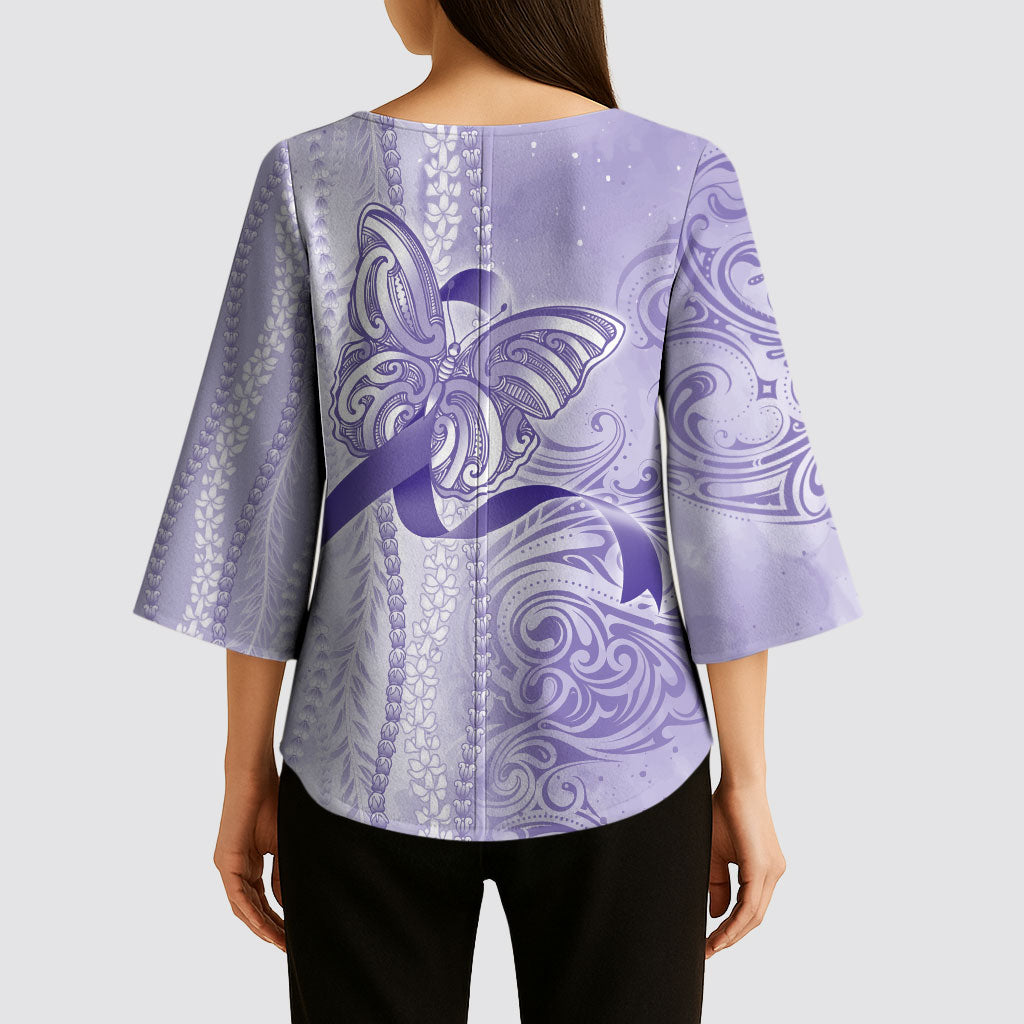 Hawaii Epilepsy Support Purple Ribbon Strength Kimono Sleeve Blouse Maile Pikake Lokelani Crown Flower Lei Inspired