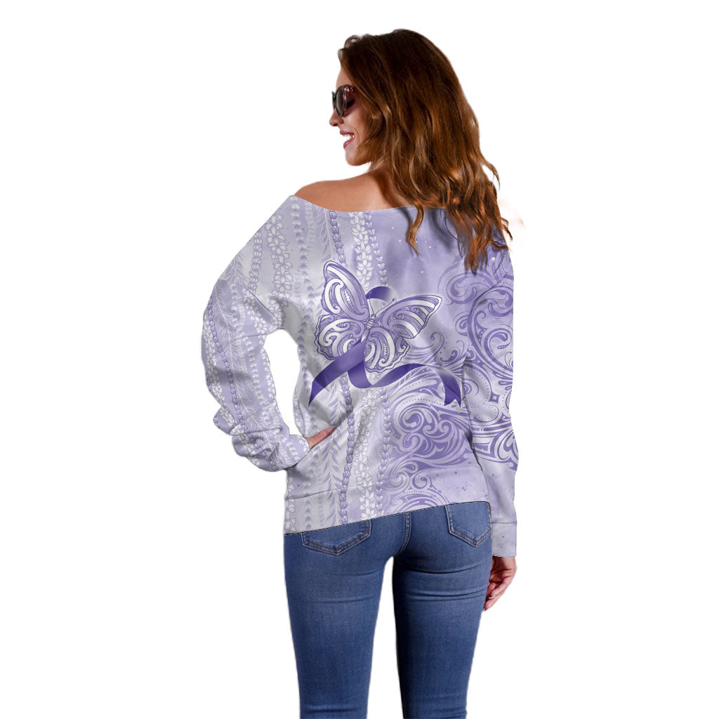 Hawaii Epilepsy Support Purple Ribbon Strength Off Shoulder Sweater Maile Pikake Lokelani Crown Flower Lei Inspired