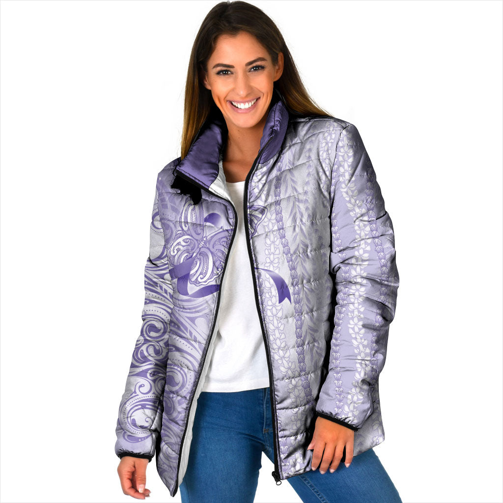 Hawaii Epilepsy Support Purple Ribbon Strength Padded Jacket Maile Pikake Lokelani Crown Flower Lei Inspired