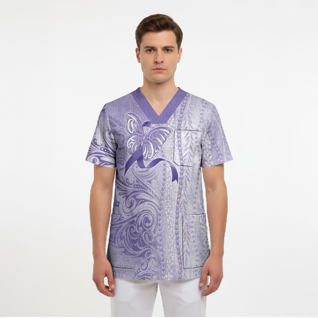 Hawaii Epilepsy Support Purple Ribbon Strength Scrub Top Maile Pikake Lokelani Crown Flower Lei Inspired