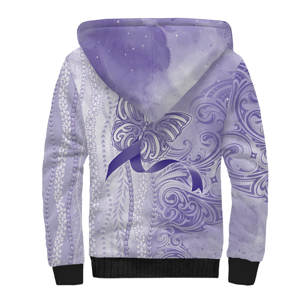 Hawaii Epilepsy Support Purple Ribbon Strength Sherpa Hoodie Maile Pikake Lokelani Crown Flower Lei Inspired