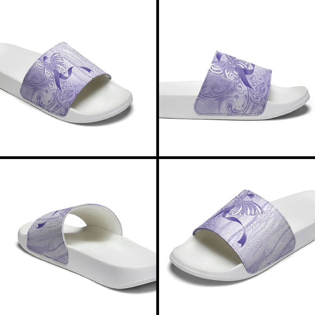 Hawaii Epilepsy Support Purple Ribbon Strength Slide Sandals Maile Pikake Lokelani Crown Flower Lei Inspired