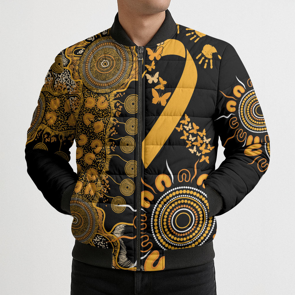 Hope For Childhood Cancer Support Personalised Bomber Puffer Jacket Aboriginal Gold Ribbon Dot Painting