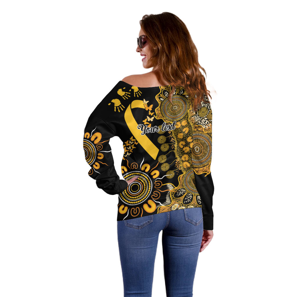 Hope For Childhood Cancer Support Personalised Off Shoulder Sweater Aboriginal Gold Ribbon Dot Painting