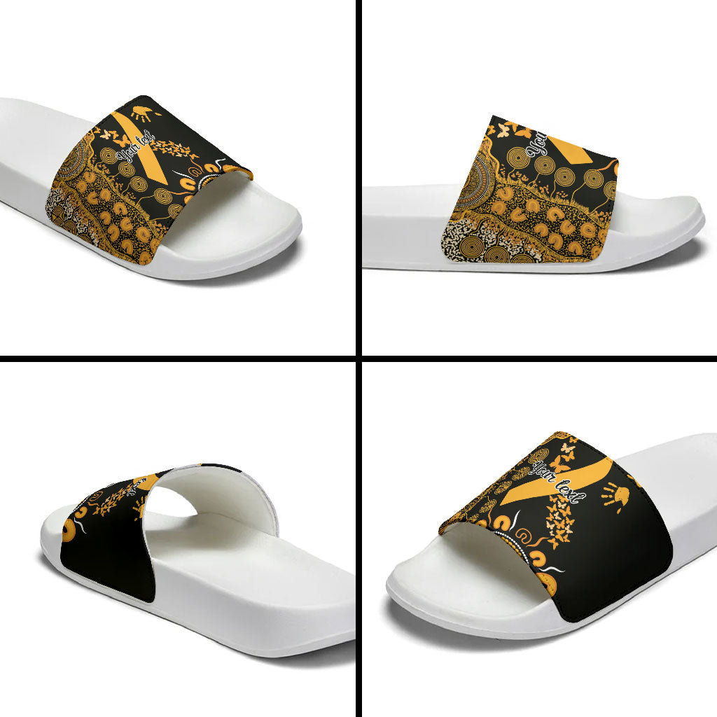 Hope For Childhood Cancer Support Personalised Slide Sandals Aboriginal Gold Ribbon Dot Painting
